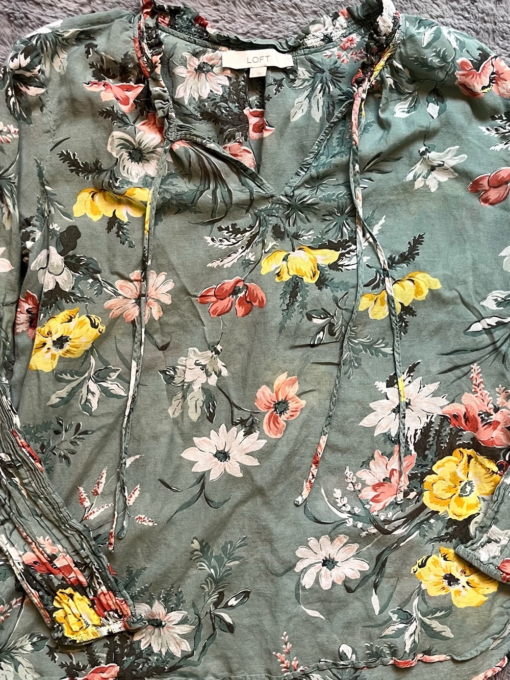 LOFT Dusty Green Floral Tie-Front Blouse